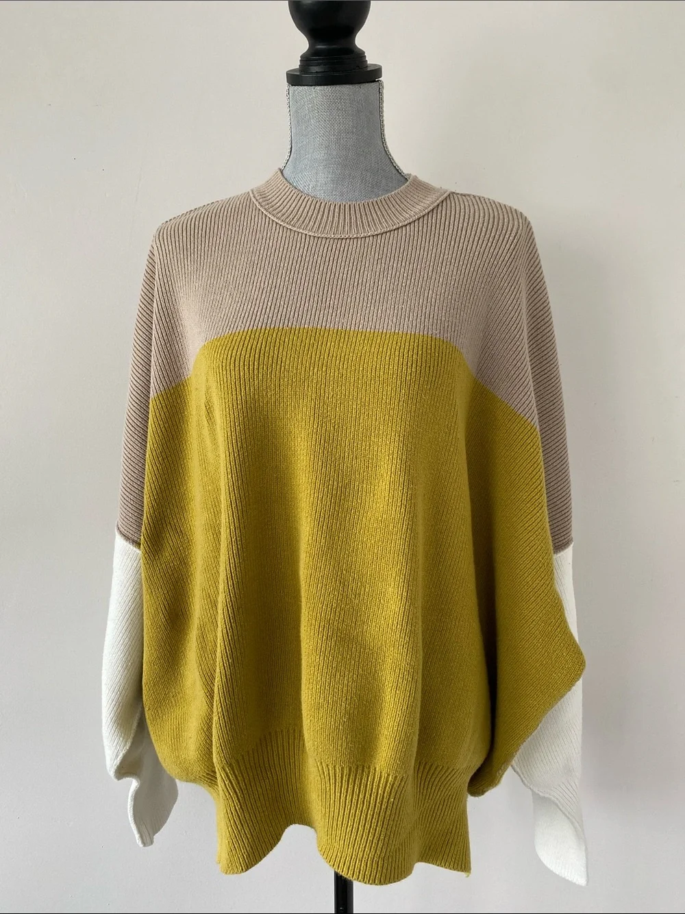 Free People Colorblock Crewneck Sweater Mustard Taupe White Sz M Oversized Chic